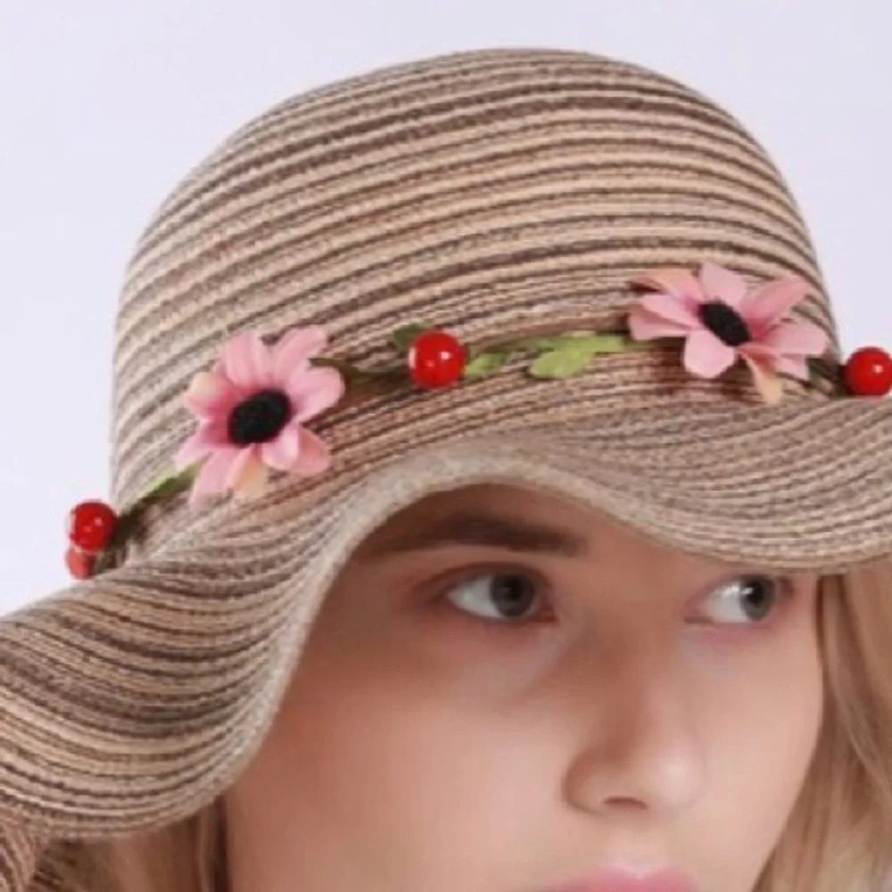 Khaki Boho Flower Pink Decor Floppy Sun Hat